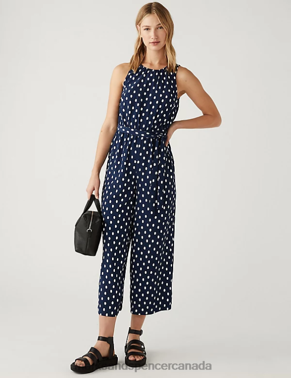 Marks and Spencer near me - Women Navy Mix Clothing Marks & Spencer Printed Belted Cropped Waisted Jumpsuit 20VTD2340