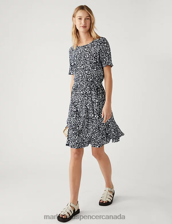 Women Navy Mix Clothing Marks & Spencer Printed Round Neck Belted Mini Skater Dress 20VTD588 - Marks and Spencer outlet