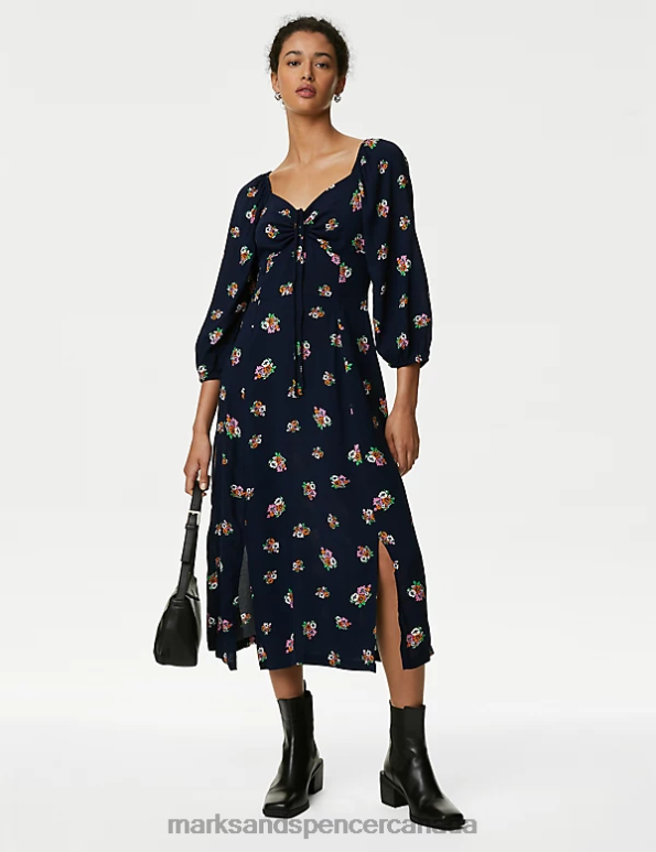 Women Navy Mix Clothing Marks & Spencer Printed Sweetheart Neckline Midi Tea Dress 20VTD1241 - Marks and Spencer outlet