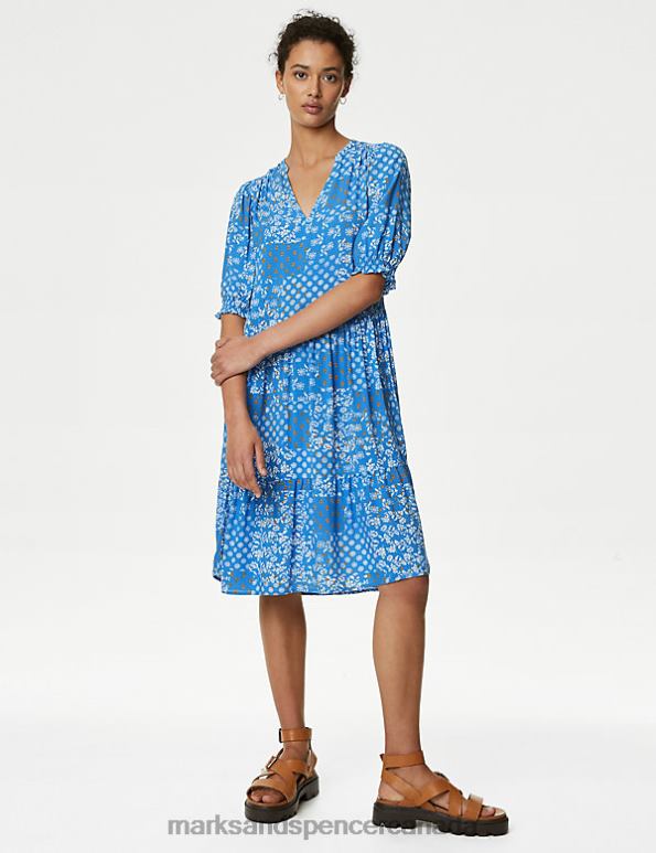 Women Navy Mix Clothing Marks & Spencer Printed V-Neck Knee Length Tiered Dress 20VTD800 - Marks and Spencer online