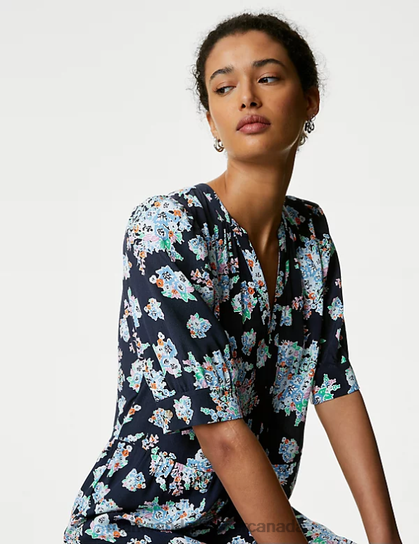 Women Navy Mix Clothing Marks & Spencer Printed V-Neck Midi Relaxed Tiered Dress 20VTD1353 - Marks and Spencer Canada locations