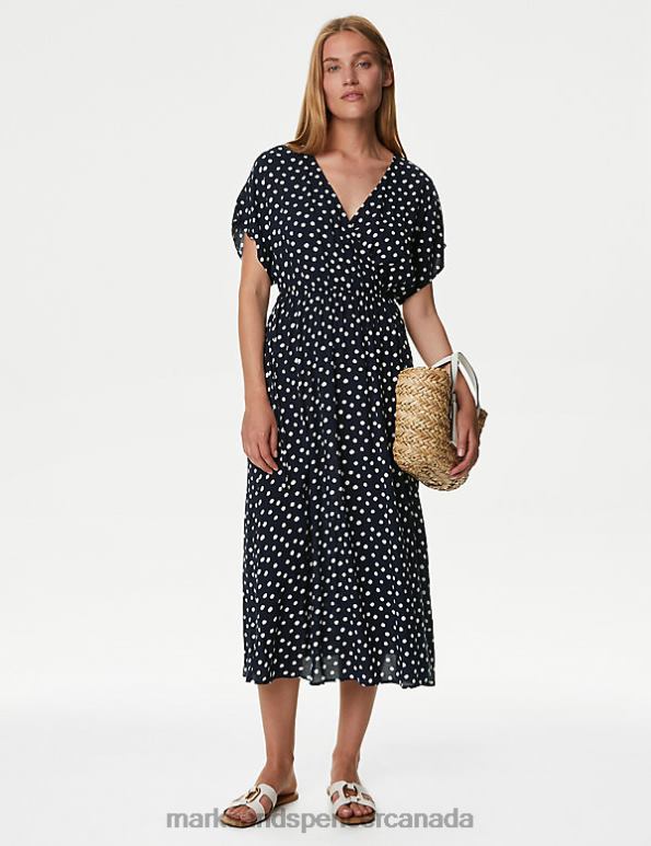 Marks and Spencer Canada - Women Navy Mix Clothing Marks & Spencer Printed V-Neck Midi Wrap Dress 20VTD239