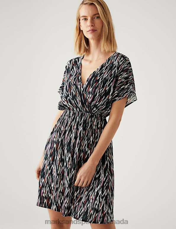 Women Navy Mix Clothing Marks & Spencer Printed V-Neck Mini Waisted Dress 20VTD3015 - Marks and Spencer Canada locations