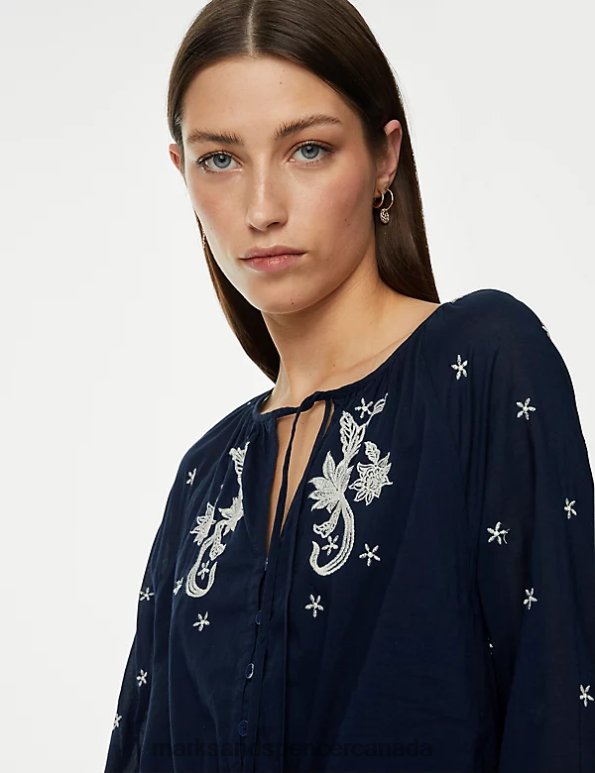 Women Navy Mix Clothing Marks & Spencer Pure Cotton Embroidered Tie Neck Dress 20VTD636 - Marks and Spencer Canada locations