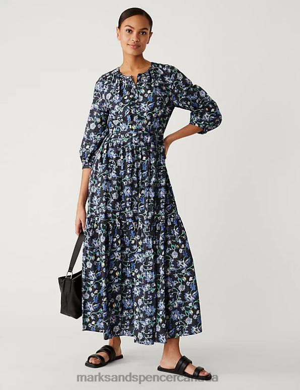 Women Navy Mix Clothing Marks & Spencer Pure Cotton Printed Midaxi Shirt Dress 20VTD1650 - Marks and Spencer Canada locations