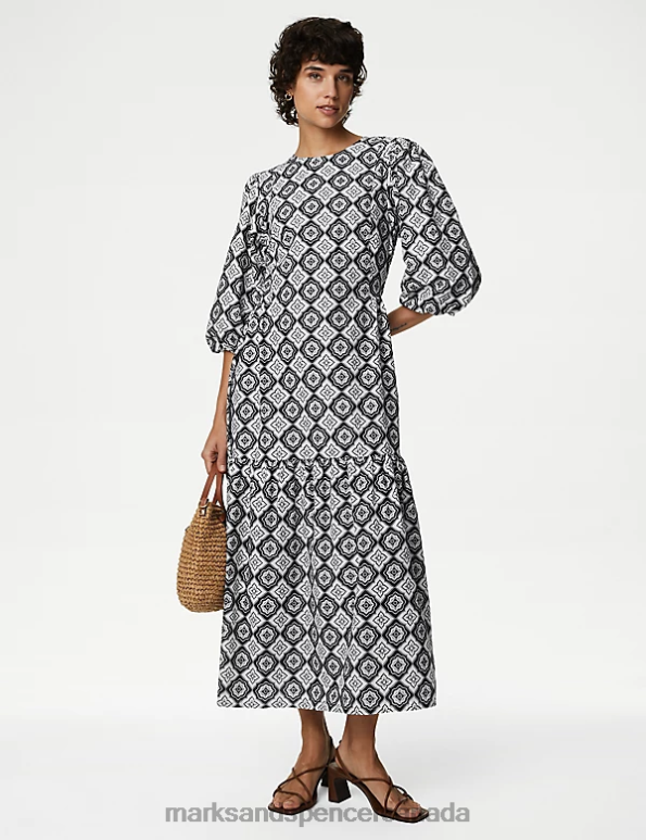 Marks and Spencer near me - Women Navy Mix Clothing Marks & Spencer Pure Cotton Printed Midi Tiered Dress 20VTD440