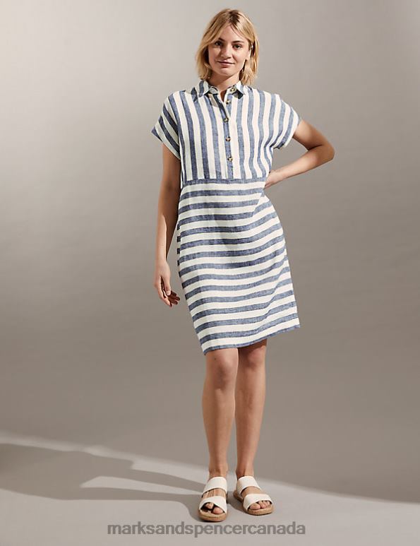 Marks and Spencer Canada - Women Navy Mix Clothing Marks & Spencer Pure Linen Striped Knee Length Shift Dress 20VTD1515