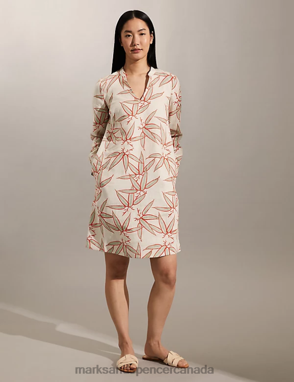 Women Neutral Clothing Marks & Spencer Pure Linen Floral V-Neck Knee Length Dress 20VTD1865 - Marks and Spencer Canada locations