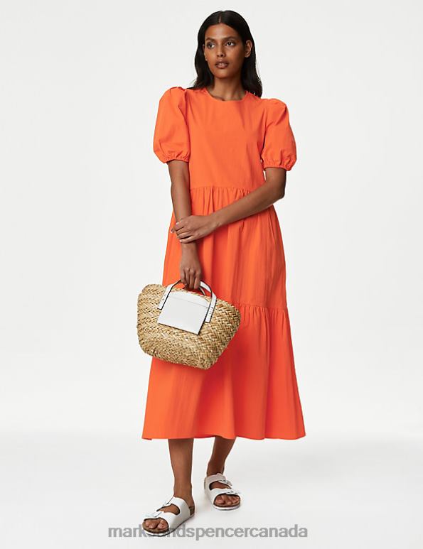 Women Orange Clothing Marks & Spencer Cotton Rich Puff Sleeve Midi Tiered Dress 20VTD1592 - Marks and Spencer Canada locations