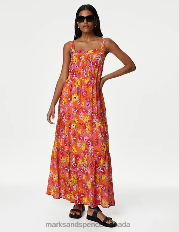 Women Orange Mix Clothing Marks & Spencer Cotton Blend Printed Maxi Tiered Dress 20VTD327 - Marks and Spencer online