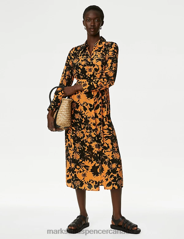 Marks and Spencer sale - Women Orange Mix Clothing Marks & Spencer Cupro Rich Floral Midaxi Shirt Dress 20VTD357