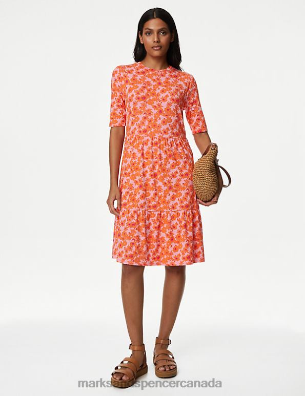 Women Orange Mix Clothing Marks & Spencer Jersey Printed Knee Length Tiered Dress 20VTD256 - Marks and Spencer online