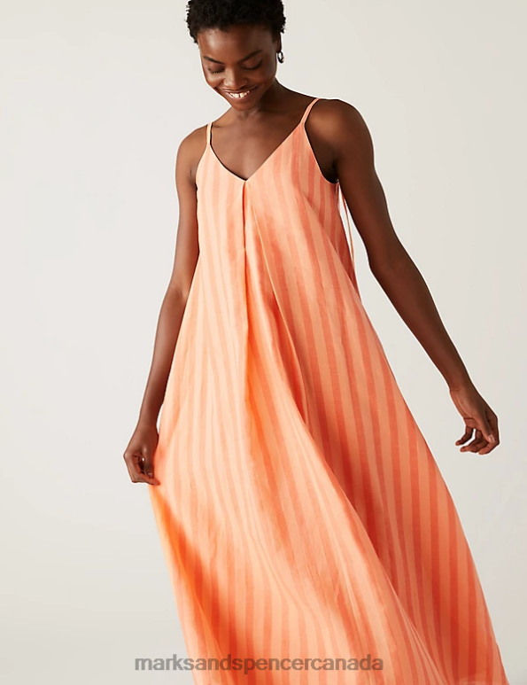 Women Orange Mix Clothing Marks & Spencer Linen Rich V-Neck Midi Slip Dress 20VTD598 - Marks and Spencer online