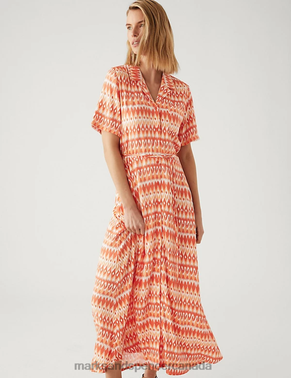 Women Orange Mix Clothing Marks & Spencer Printed Belted Midi Shirt Dress 20VTD1985 - Marks and Spencer Canada locations