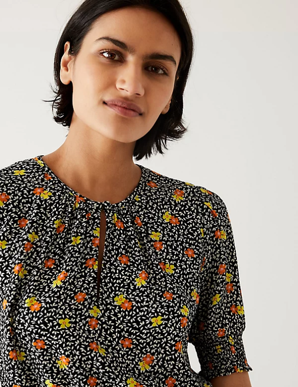 Marks and Spencer near me - Women Orange Mix Clothing Marks & Spencer Printed Round Neck Midaxi Waisted Dress 20VTD1128