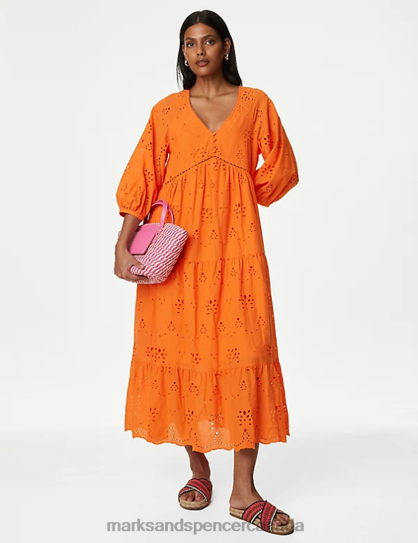 Marks and Spencer Canada - Women Orange Mix Clothing Marks & Spencer Pure Cotton Broderie V-Neck Midaxi Dress 20VTD688