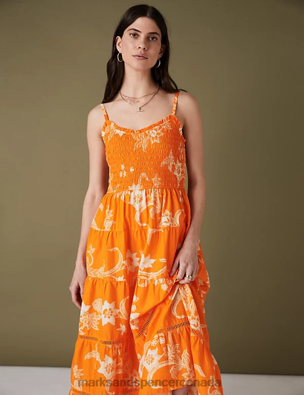 Women Orange Mix Clothing Marks & Spencer Pure Cotton Floral V-Neck Midaxi Dress 20VTD987 - Marks and Spencer online