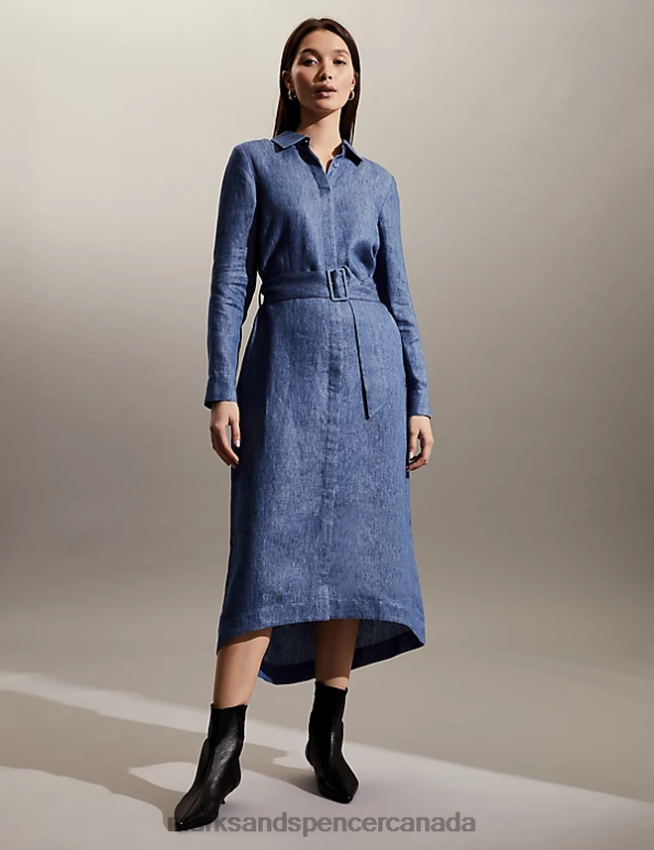 Women Pale Blue Clothing Marks & Spencer Pure Linen Belted Midi Shirt Dress 20VTD1375 - Marks and Spencer online