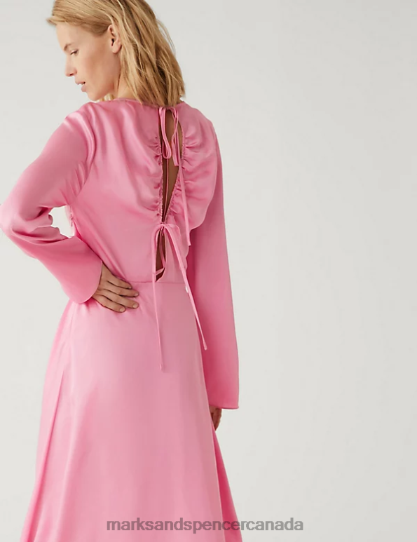 Marks and Spencer Canada - Women Petal Pink Clothing Marks & Spencer Satin Round Neck Midi Tea Dress 20VTD2243