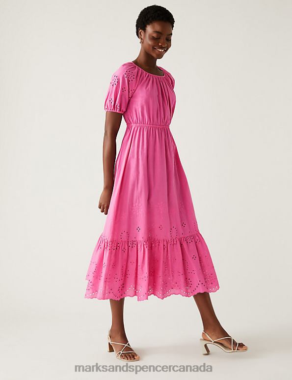 Women Pink Clothing Marks & Spencer Pure Cotton Broderie Midaxi Tiered Dress 20VTD1689 - Marks and Spencer online