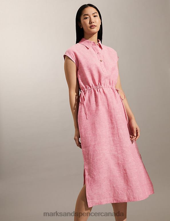 Women Pink Clothing Marks & Spencer Pure Linen Tie Waist Midi Shirt Dress 20VTD1314 - Marks and Spencer Canada locations