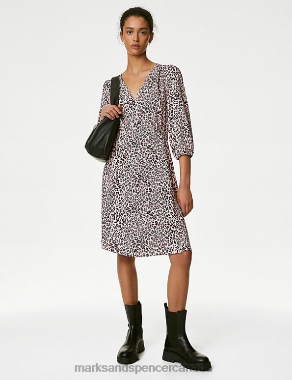 Women Pink Mix Clothing Marks & Spencer Animal Print V-Neck Knee Length Tea Dress 20VTD420 - Marks and Spencer online