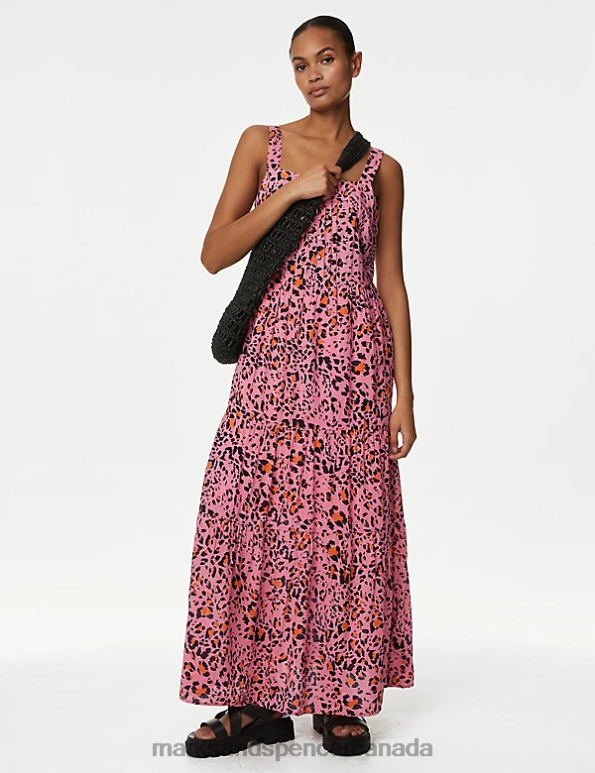 Marks and Spencer Canada - Women Pink Mix Clothing Marks & Spencer Cotton Blend Printed Maxi Tiered Dress 20VTD24