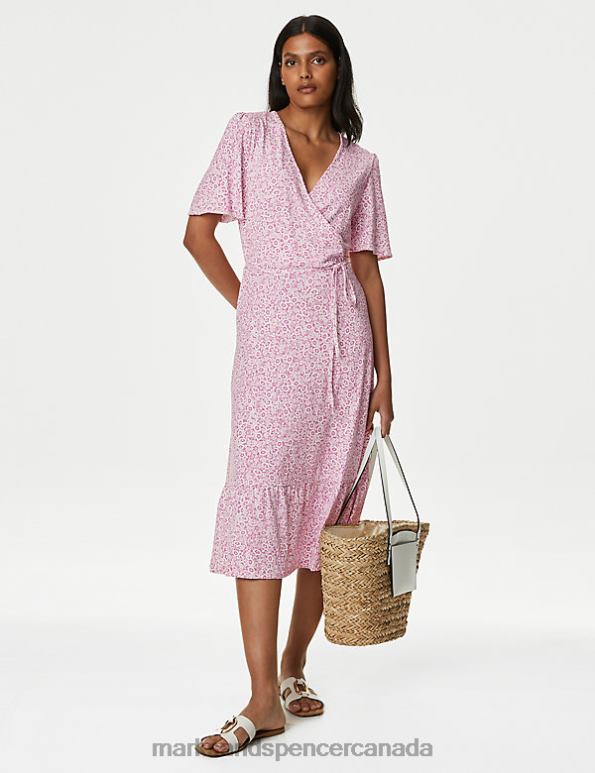 Women Pink Mix Clothing Marks & Spencer Jersey Printed V-Neck Midi Wrap Dress 20VTD820 - Marks and Spencer outlet