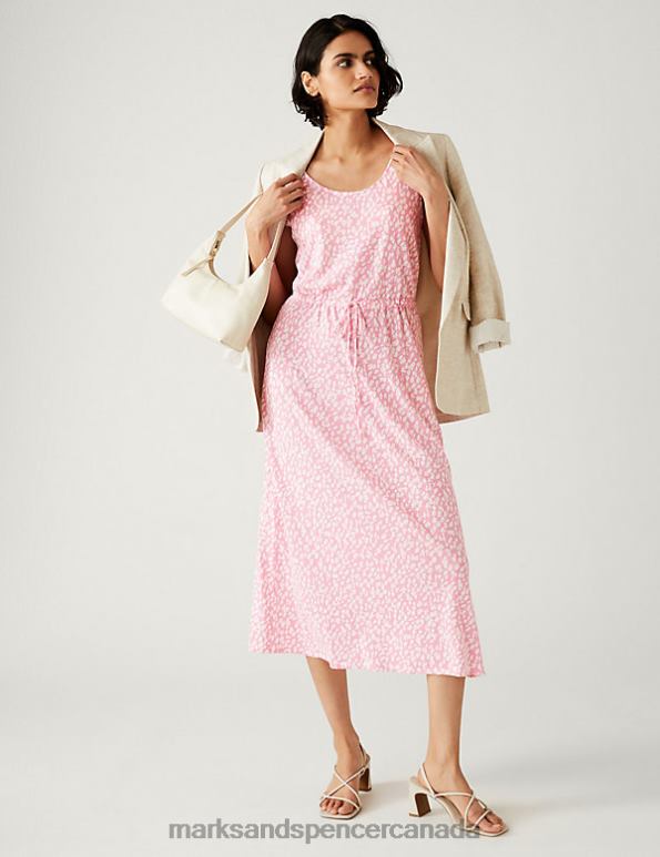 Women Pink Mix Clothing Marks & Spencer Linen Rich Printed Midaxi Waisted Dress 20VTD2590 - Marks and Spencer online