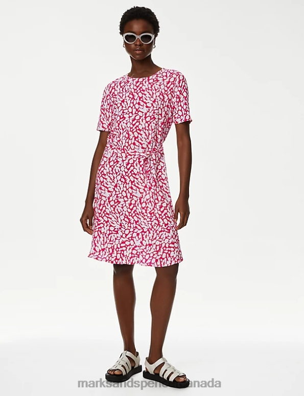 Women Pink Mix Clothing Marks & Spencer Printed Round Neck Belted Mini Skater Dress 20VTD982 - Marks and Spencer outlet