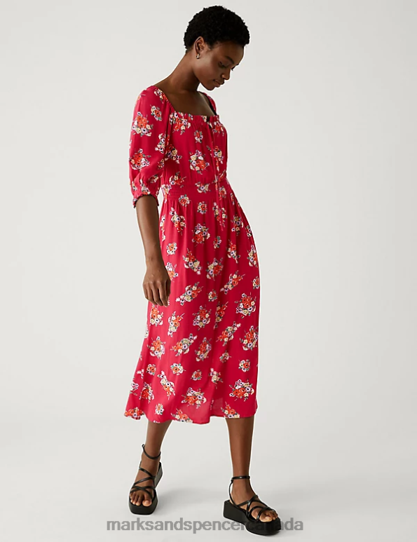 Women Pink Mix Clothing Marks & Spencer Printed Square Neck Midi Waisted Dress 20VTD844 - Marks and Spencer outlet