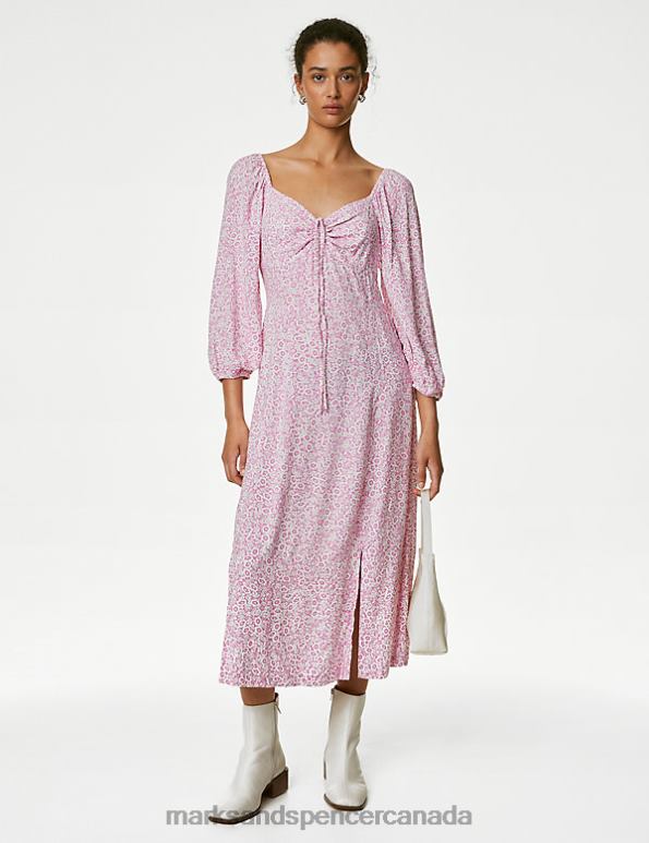 Women Pink Mix Clothing Marks & Spencer Printed Sweetheart Neckline Midi Tea Dress 20VTD1577 - Marks and Spencer online