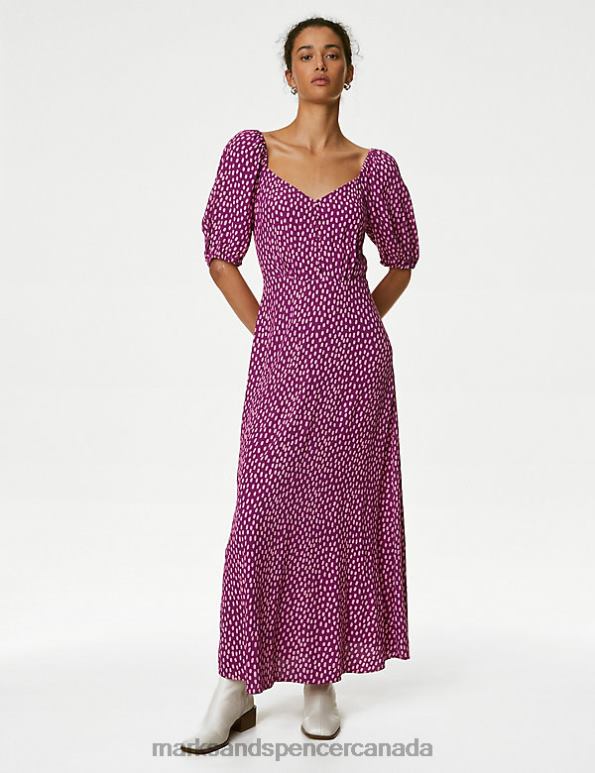 Women Pink Mix Clothing Marks & Spencer Printed Sweetheart Neckline Midi Tea Dress 20VTD1960 - Marks and Spencer online