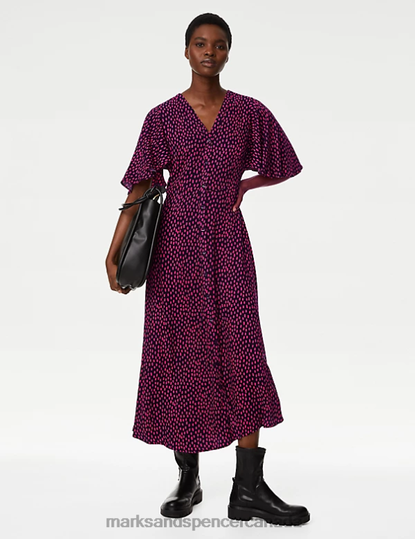 Women Pink Mix Clothing Marks & Spencer Printed V-Neck Midi Tea Dress 20VTD1740 - Marks and Spencer outlet