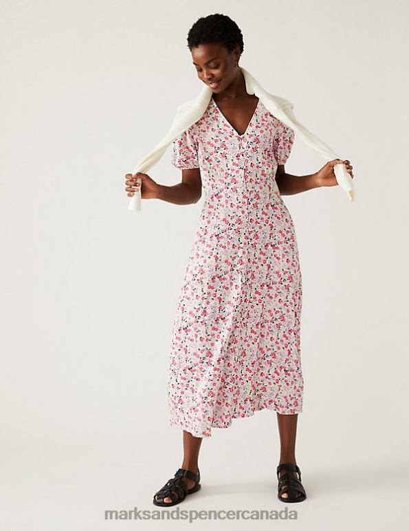 Marks and Spencer near me - Women Pink Mix Clothing Marks & Spencer Printed V-Neck Midi Tea Dress 20VTD2030