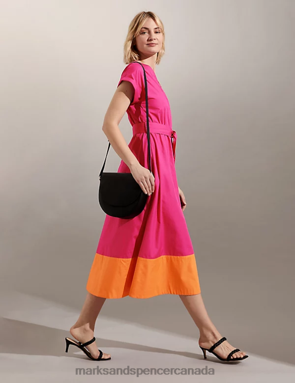 Women Pink Mix Clothing Marks & Spencer Pure Cotton Colour Block Midi Waisted Dress 20VTD222 - Marks and Spencer outlet