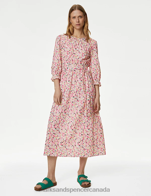 Marks and Spencer sale - Women Pink Mix Clothing Marks & Spencer Pure Cotton Floral Midi Waisted Dress 20VTD1143