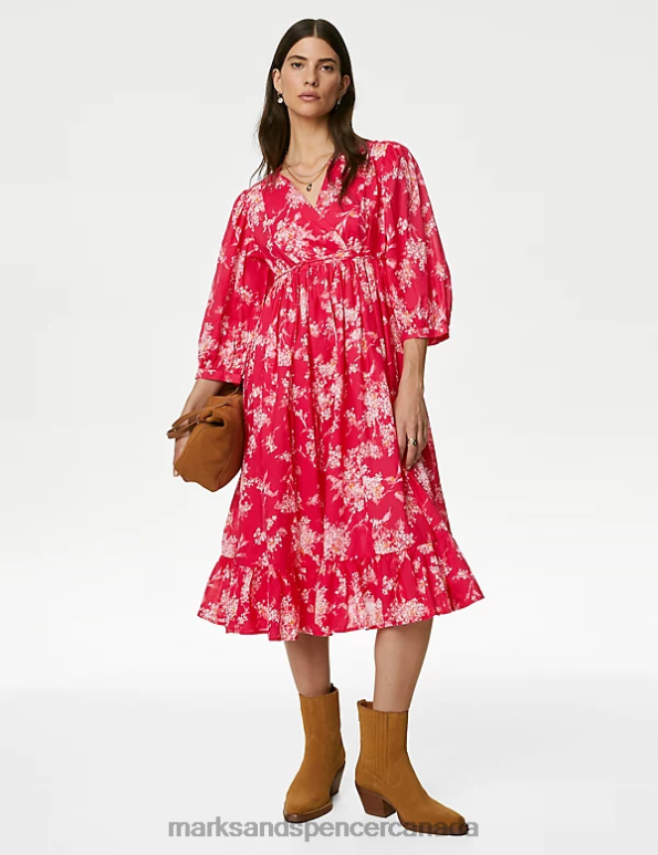 Marks and Spencer sale - Women Pink Mix Clothing Marks & Spencer Pure Cotton Printed V-Neck Midi Smock Dress 20VTD27