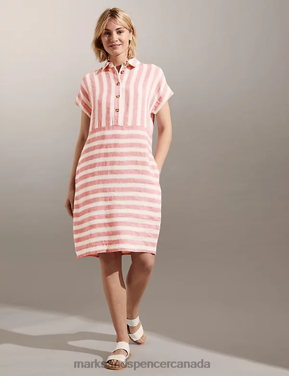 Women Pink Mix Clothing Marks & Spencer Pure Linen Striped Knee Length Shift Dress 20VTD1852 - Marks and Spencer outlet