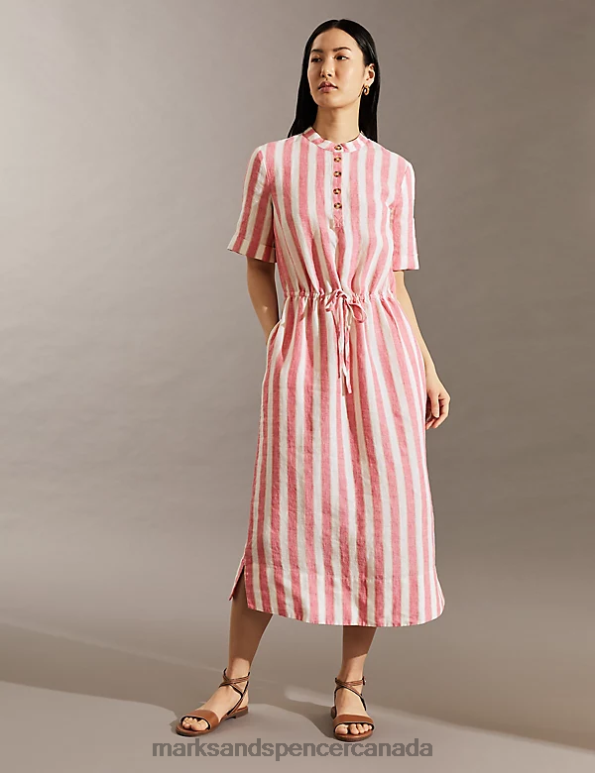 Women Pink Mix Clothing Marks & Spencer Pure Linen Striped Midi Waisted Dress 20VTD679 - Marks and Spencer Canada locations