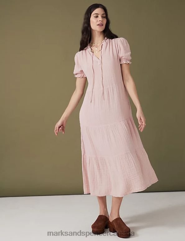 Marks and Spencer near me - Women Pink Shell Clothing Marks & Spencer Pure Cotton Tie Neck Midi Tiered Dress 20VTD628