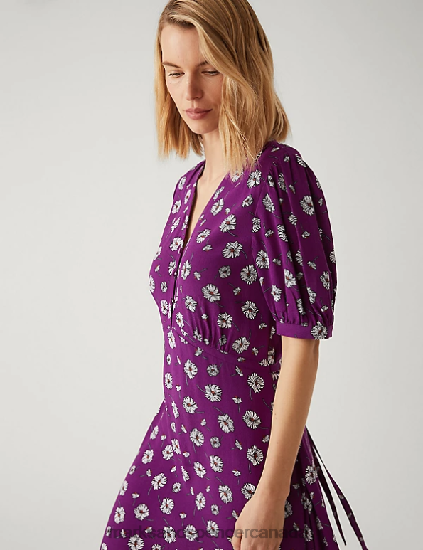 Marks and Spencer near me - Women Purple Mix Clothing Marks & Spencer Floral V-Neck Tie Waist Midi Tea Dress 20VTD1369