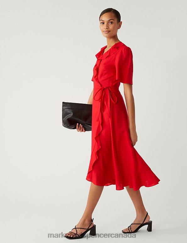 Women Red Clothing Marks & Spencer Linen Rich V-Neck Midi Wrap Dress 20VTD1900 - Marks and Spencer Canada locations