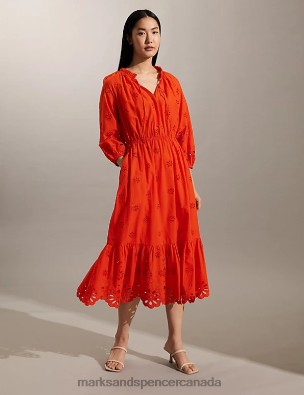 Women Red Clothing Marks & Spencer Pure Cotton Broderie Tie Neck Midi Dress 20VTD2074 - Marks and Spencer online