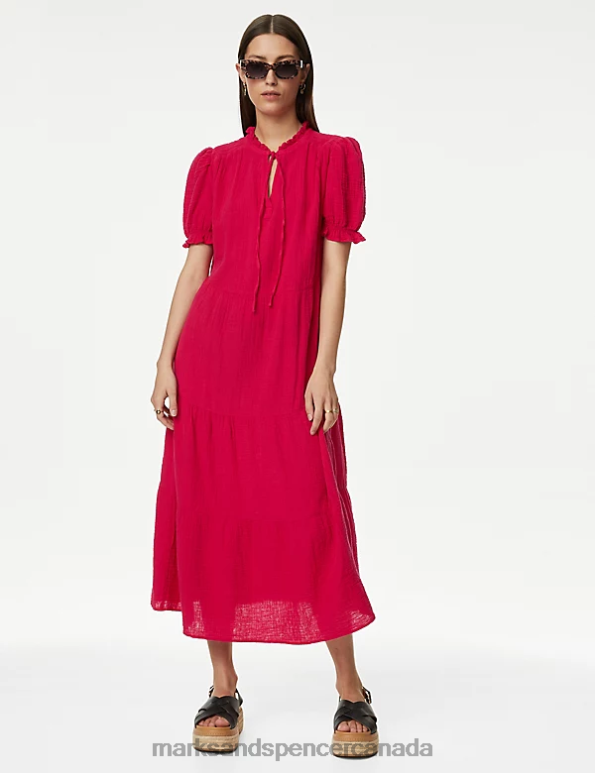 Women Ruby Clothing Marks & Spencer Pure Cotton Tie Neck Midi Tiered Dress 20VTD1018 - Marks and Spencer outlet