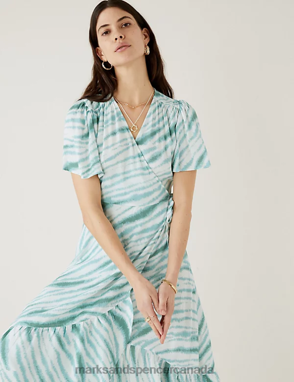 Marks and Spencer Canada - Women Sea Green Clothing Marks & Spencer Printed V-Neck Midi Wrap Dress 20VTD1025