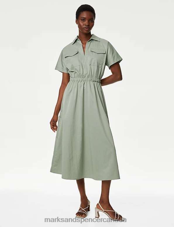 Women Soft Green Clothing Marks & Spencer Collared Midi Shirt Dress 20VTD658 - Marks and Spencer online