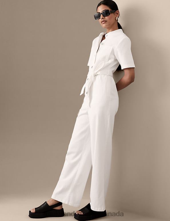 Marks and Spencer Canada - Women Soft White Clothing Marks & Spencer Denim Belted Short Sleeve Jumpsuit 20VTD1226