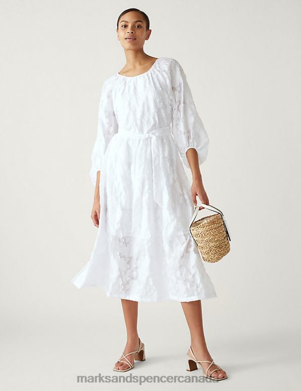 Women Soft White Clothing Marks & Spencer Embroidered Belted Midi Waisted Dress 20VTD2144 - Marks and Spencer Canada locations