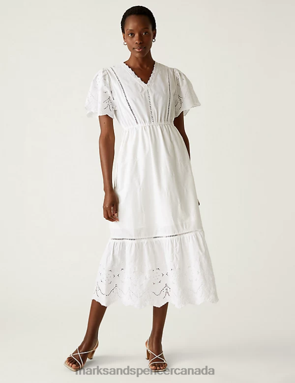 Marks and Spencer near me - Women Soft White Clothing Marks & Spencer Pure Cotton Broderie V-Neck Midi Tea Dress 20VTD1662